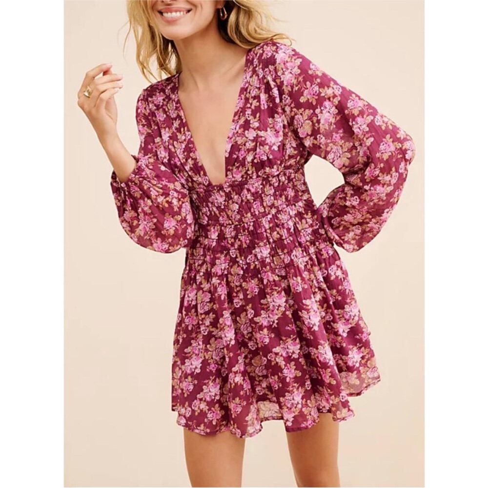 Free People Mini Dress Keep You Mini Dress Purple Cotton Floral New